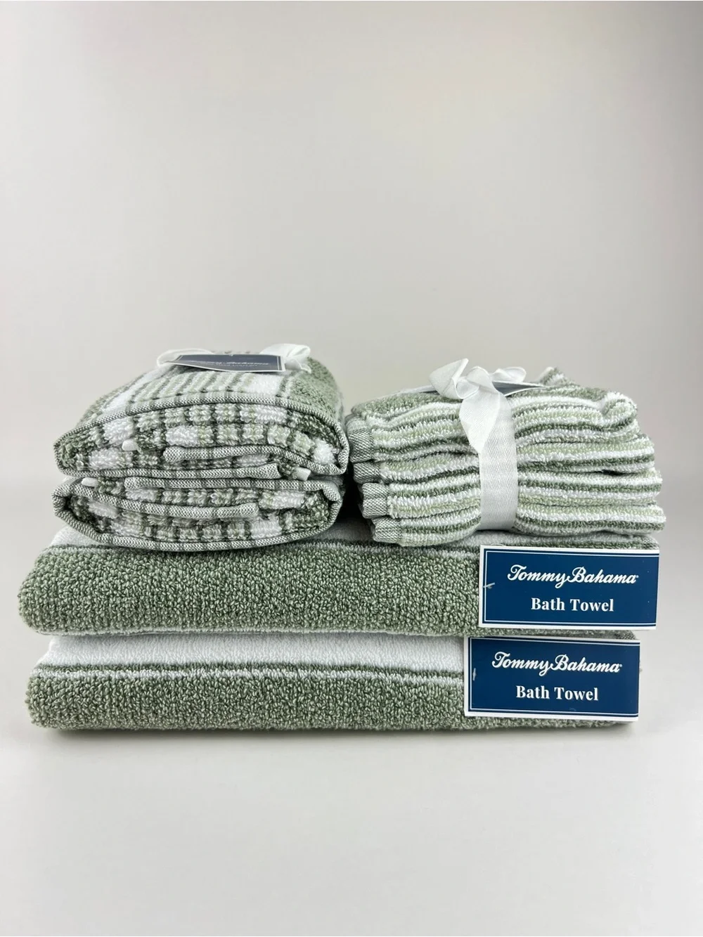 Tommy Bahama Bath Towels Riviera Sage Green White Striped Soft Cotton 8 Pc NEW
